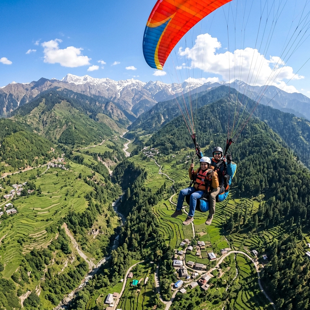 Tandem paraglider soaring in Bir Billing