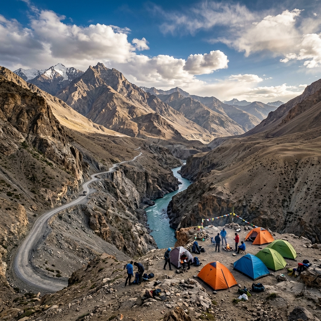 Trekker overlooking Spiti mountain peaks
